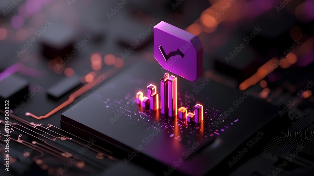 Poster stylish and dynamic purple business chart growing on dark background with placeholder advanced data 