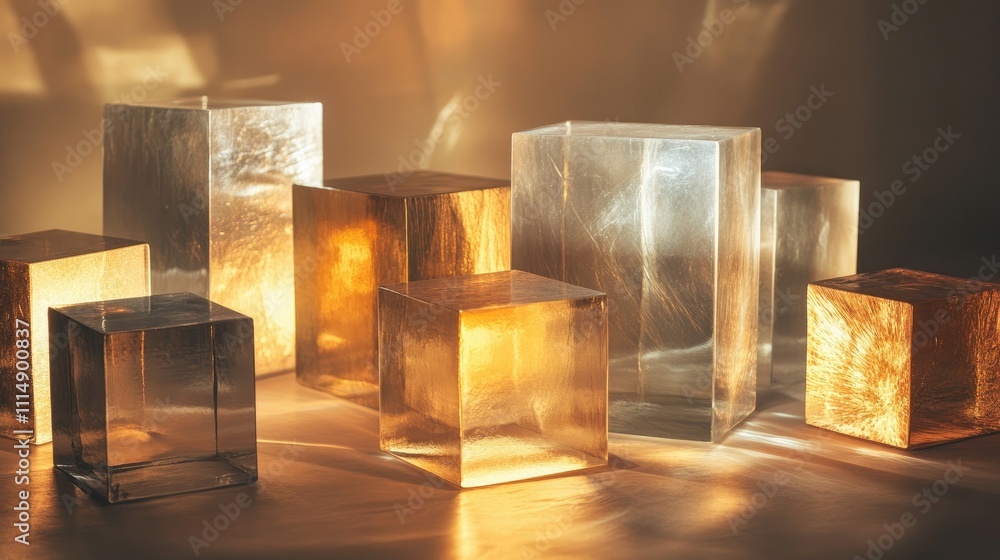 Poster A collection of reflective metallic cubes illuminated by soft, warm light, casting intriguing shadows and creating an abstract visual effect.