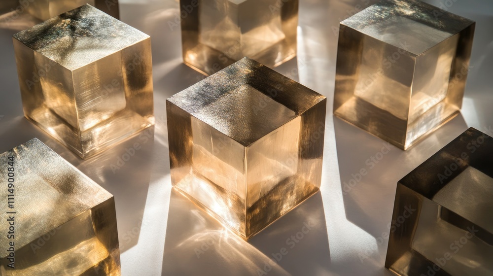 Poster A collection of reflective metallic cubes illuminated by soft, warm light, casting intriguing shadows and creating an abstract visual effect.