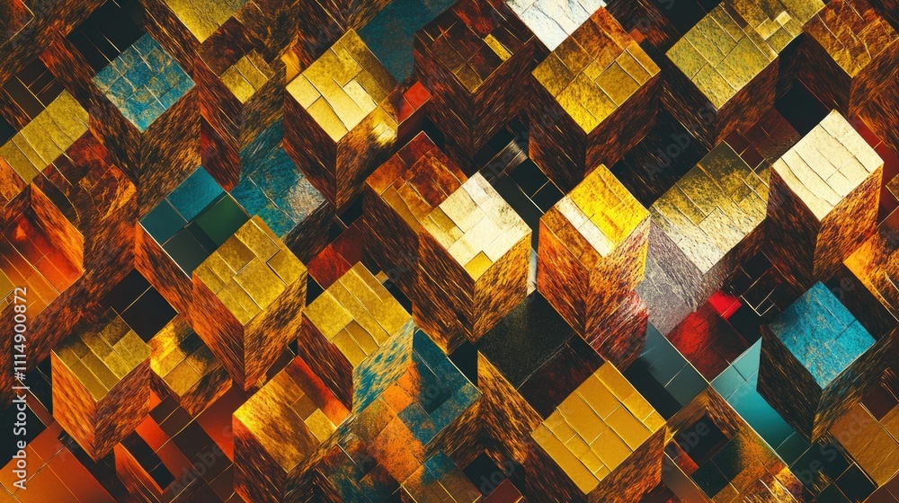 Poster A collection of vibrant golden cubes arranged in a 3D pattern, creating an intricate and modern visual effect.
