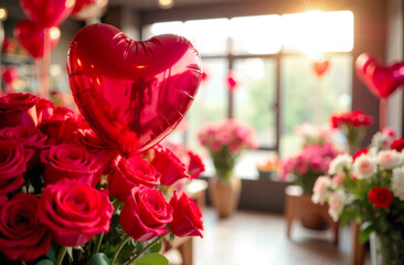 A flower shop filled with red roses is perfect for celebrating Valentine's Day..The open space in the store creates a romantic and cozy atmosphere for buying flowers