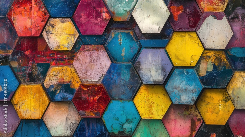 Poster a colorful, abstract display of hexagonal shapes with a metallic sheen, blending vibrant colors and 