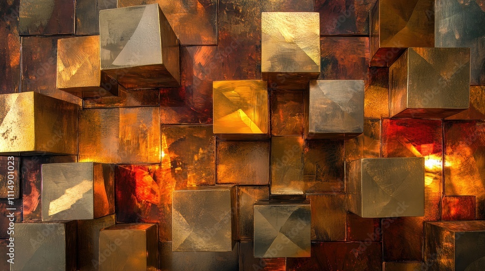 Poster a composition of metallic cubes reflecting warm ambient light, producing a visually engaging and str