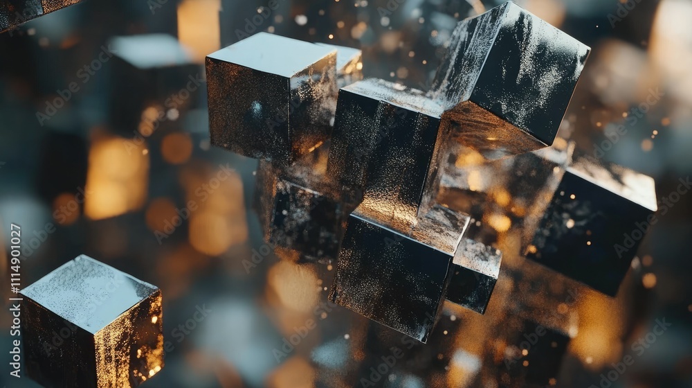 Poster a composition of metallic cubes reflecting warm ambient light, producing a visually engaging and str