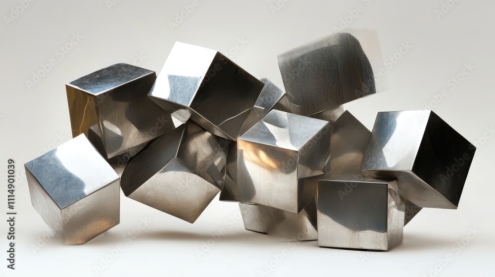 Aufkleber a composition of metallic cubes reflecting warm ambient light, producing a visually engaging and str