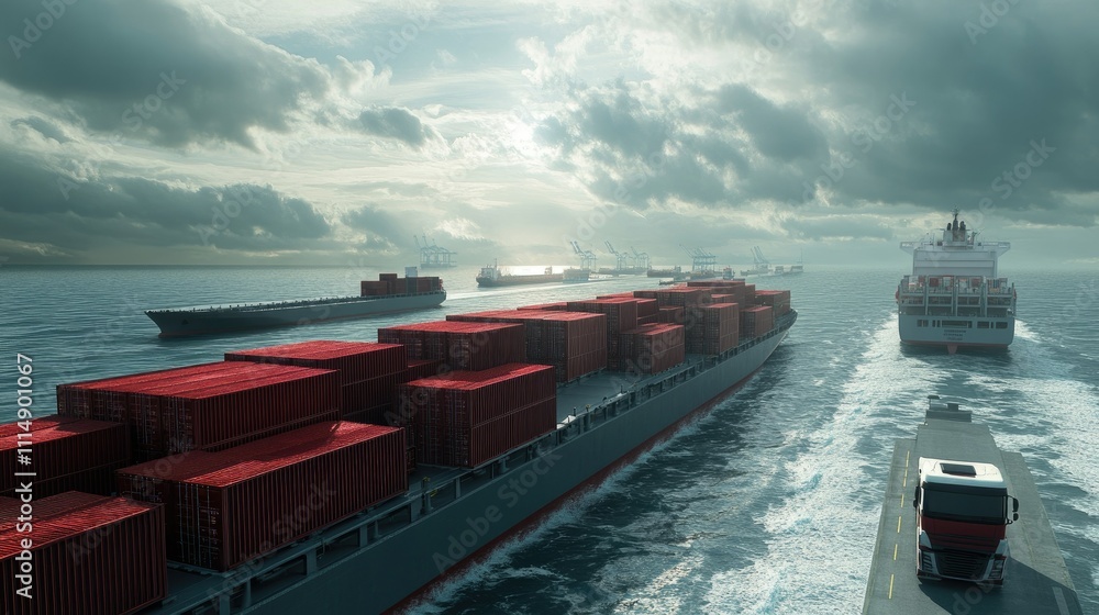 Poster a container cargo ship loaded with industrial freight sailing across the ocean, with trucks lined up