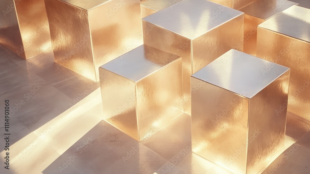 Aufkleber a composition of metallic cubes reflecting warm ambient light, producing a visually engaging and str