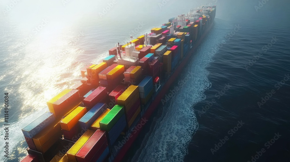 Poster a container cargo ship loaded with industrial freight sailing across the ocean, with trucks lined up