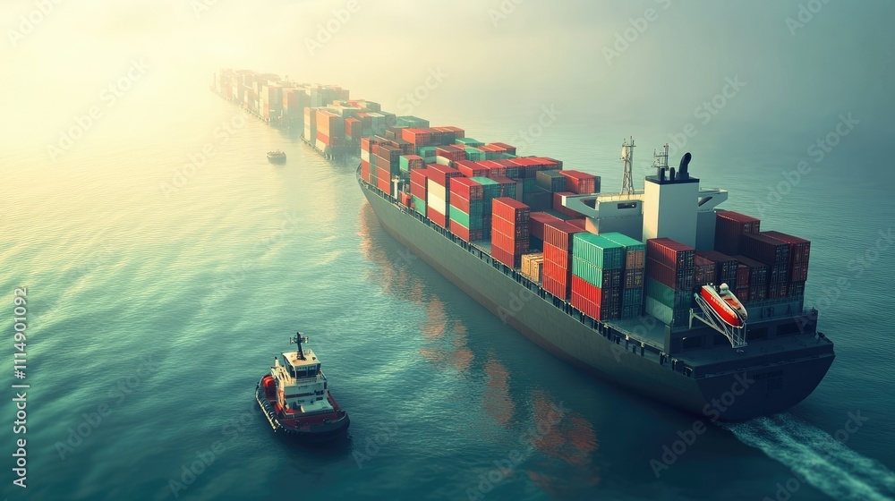 Poster a container cargo ship loaded with industrial freight sailing across the ocean, with trucks lined up