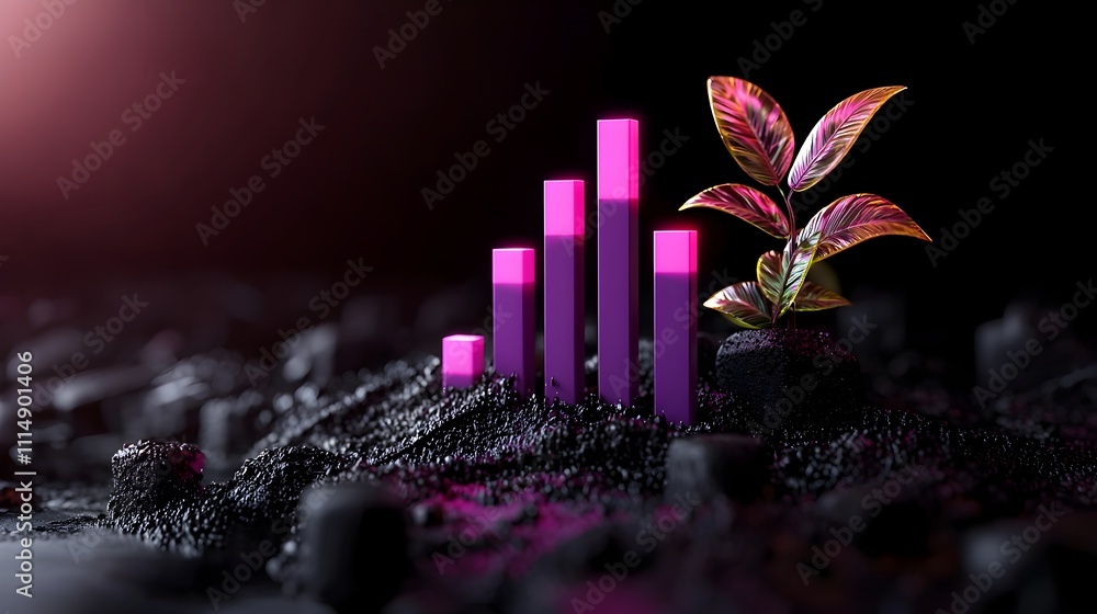 Poster innovative purple chart graph on dark moody setting visualizing financial success and investment gro