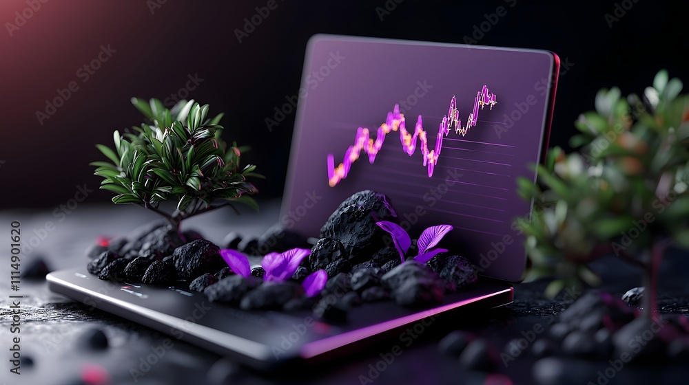 Poster stylish 3d rendering of a trendy purple data visualization chart or graph on a dark moody backdrop w