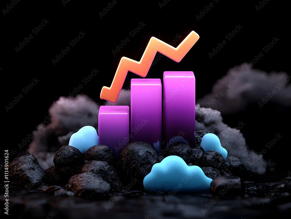 Poster sleek minimalist 3d visualization of an amethyst colored business chart rising from a shadowy atmosp