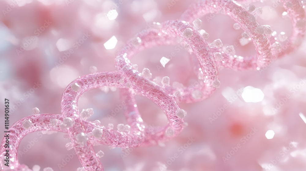 Poster a detailed close-up of a shimmering pink dna double helix, capturing the molecular beauty and comple