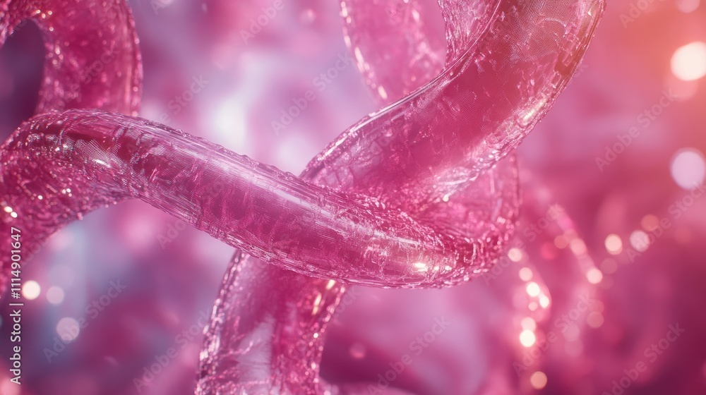 Poster a detailed close-up of a shimmering pink dna double helix, capturing the molecular beauty and comple