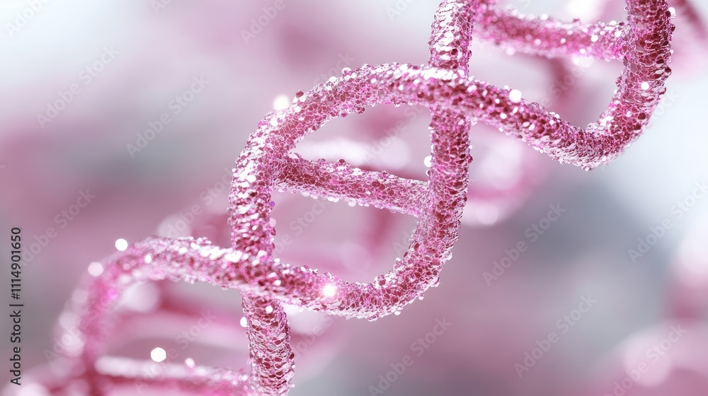 Poster a detailed close-up of a shimmering pink dna double helix, capturing the molecular beauty and comple