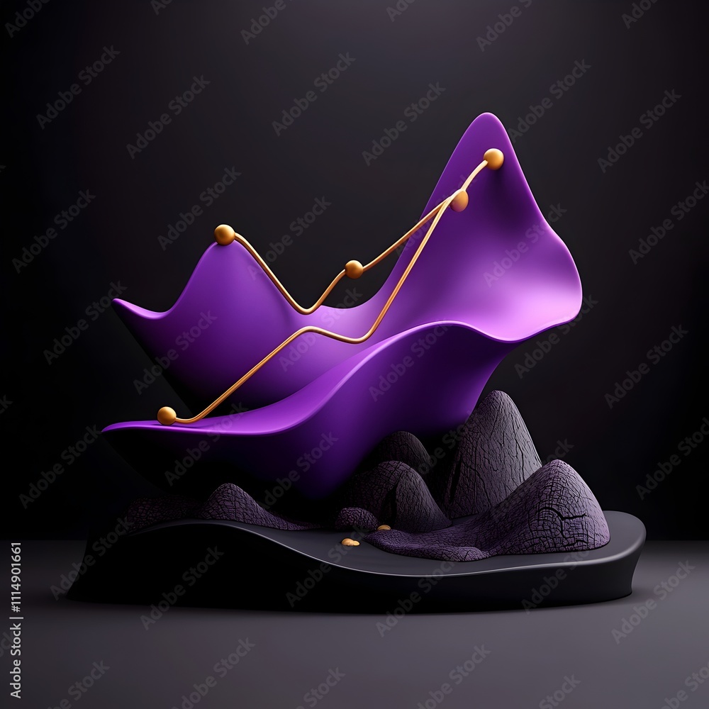 Poster captivating violet hued 3d graph chart sculpture with dynamic lines and curves that convey the ebb a