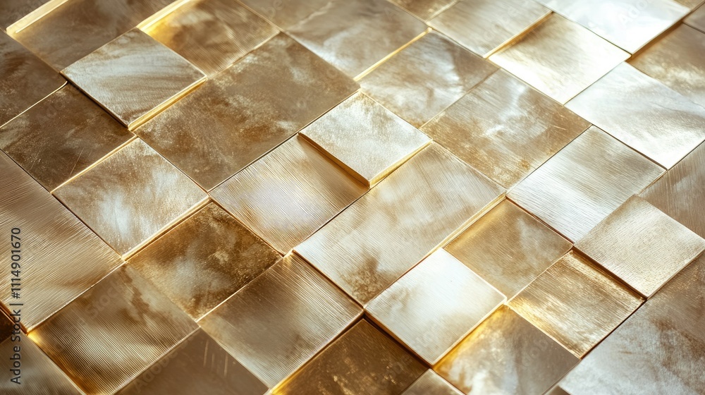 Poster A detailed close-up of polished gold blocks arranged in a geometric pattern, reflecting light and creating an elegant, textured surface.