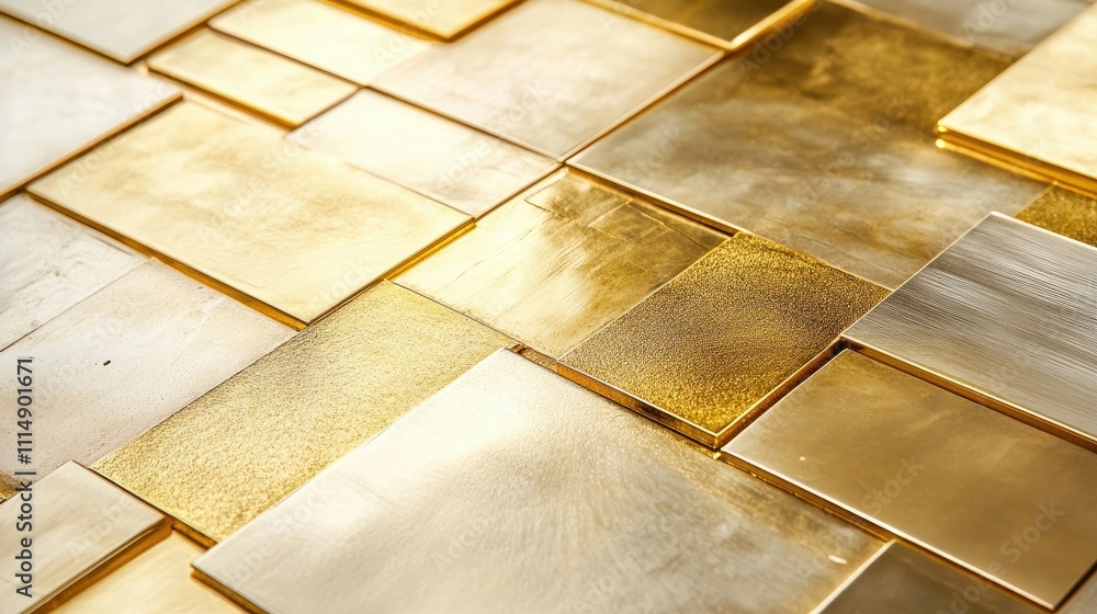 Aufkleber A detailed close-up of polished gold blocks arranged in a geometric pattern, reflecting light and creating an elegant, textured surface.