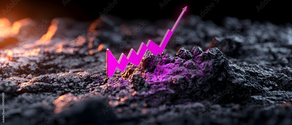 Poster dramatic and sleek 3d rendered purple line chart graph ascending on a shadowy surface showcasing cor