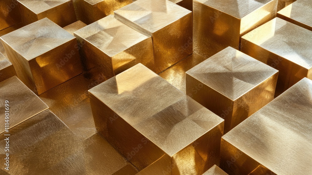 Aufkleber A detailed close-up of polished gold blocks arranged in a geometric pattern, reflecting light and creating an elegant, textured surface.