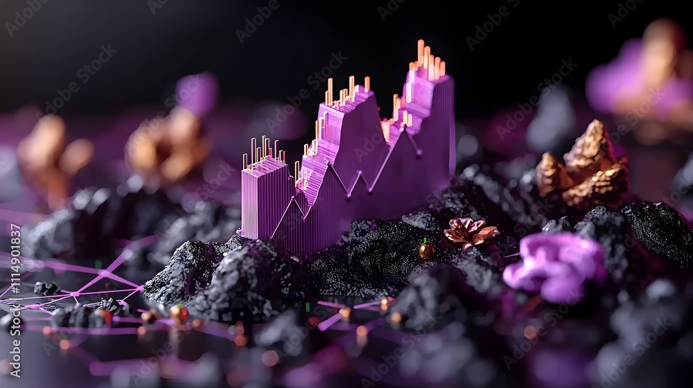 Poster sophisticated 3d data visualization chart in a luxurious purple color scheme conveying a moody and p