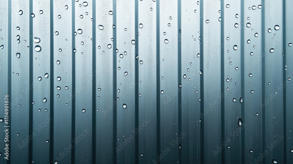 Poster a detailed view of water droplets dripping from a corrugated metal roof during rainfall, creating a 