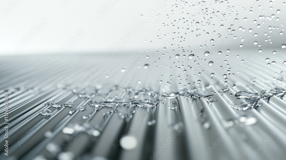 Aufkleber a detailed view of water droplets dripping from a corrugated metal roof during rainfall, creating a 