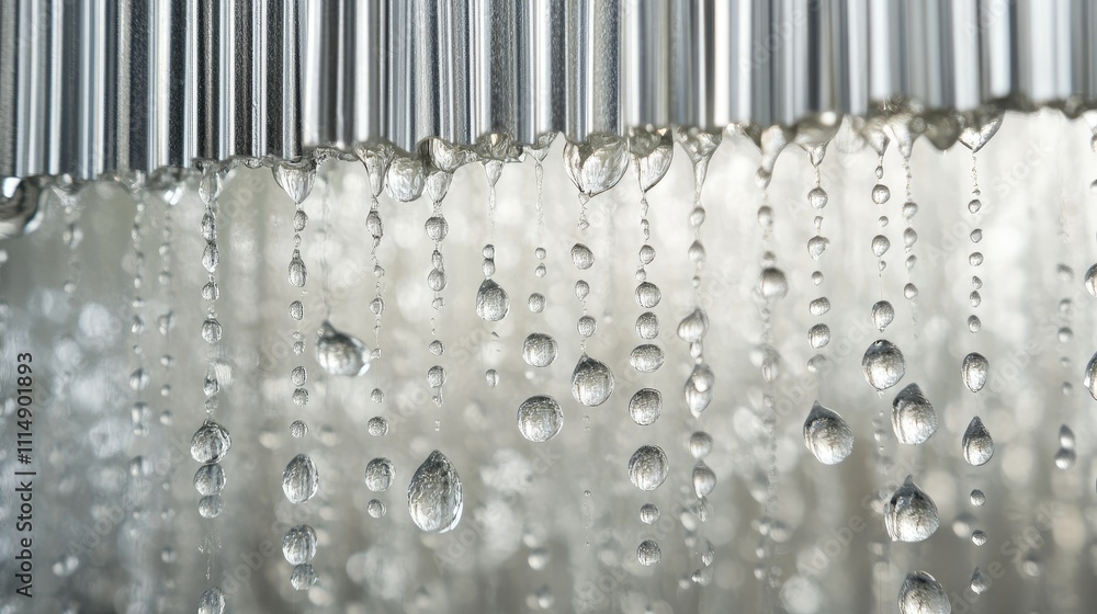 Poster a detailed view of water droplets dripping from a corrugated metal roof during rainfall, creating a 