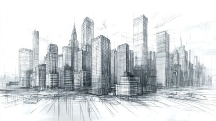 A finely detailed sketch of a city skyline filled with towering skyscrapers, showcasing the grandeur and scale of modern urban architecture.