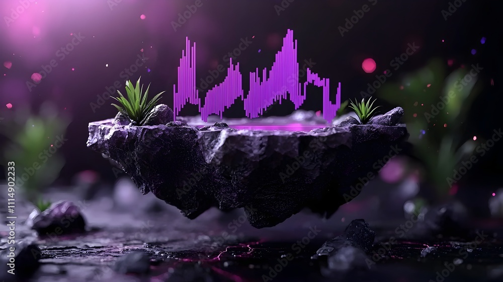 Aufkleber minimalist purple chart graph floating in a dark moody scene with a subtle mockup zone visualizing t