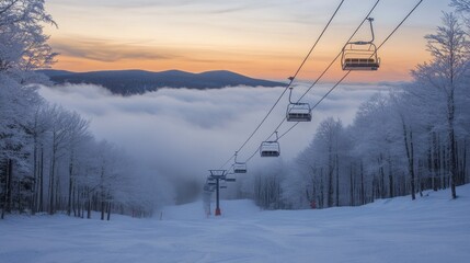 Obraz premium A foggy winter morning with empty ski lift chairs suspended above a snow-covered landscape, evoking the calm before a busy ski season.