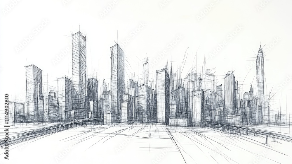 Poster a hand-drawn sketch featuring a detailed modern city skyline, with towering skyscrapers and intricat