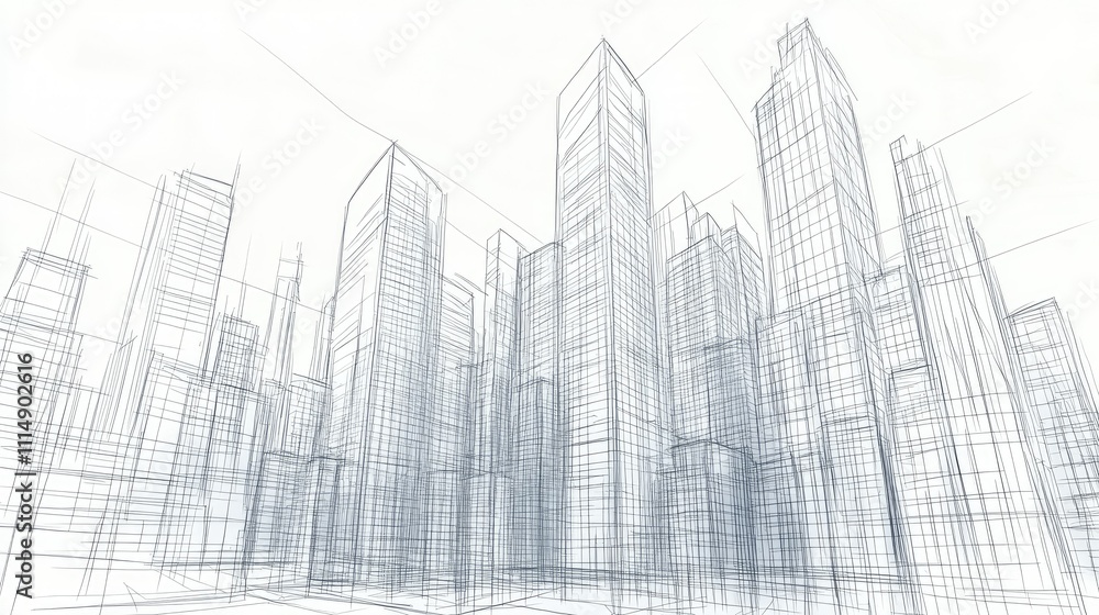Poster a hand-drawn sketch featuring a detailed modern city skyline, with towering skyscrapers and intricat