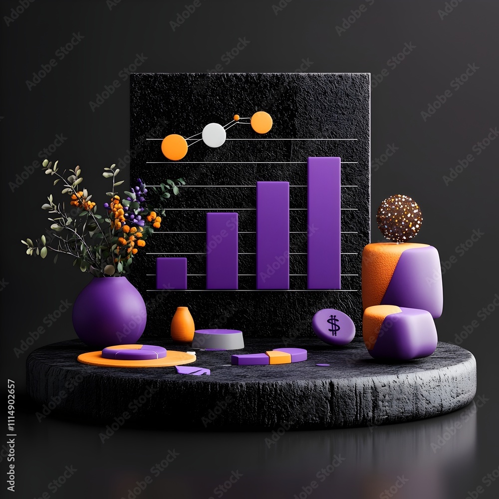 Poster sleek and 3d render of an elegant minimalist purple infographic chart visualization for financial an