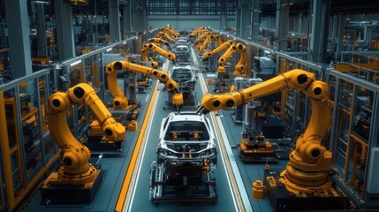 Futuristic Factory Scene with Robotic Arms Assembling Car Frames in Cyberpunk Style with Neon Lighting