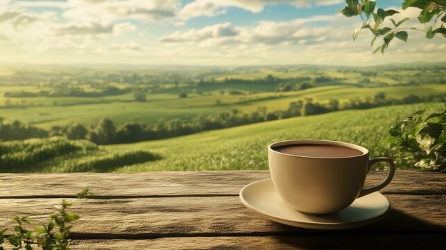 A hot cup of coffee resting on a wooden table with a backdrop of lush green fields and a scenic landscape, creating a cozy setting.