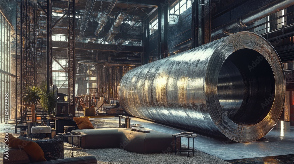 Poster a large roll of aluminum in a factory setting, showcasing the scale of industrial production with he