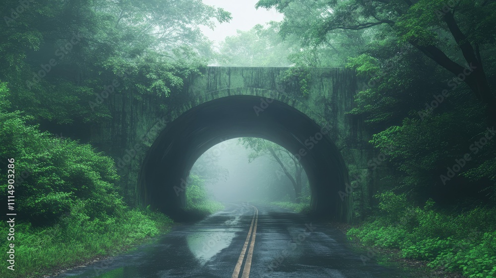 Poster a misty road scene featuring a concrete overpass, surrounded by lush greenery, creating a mysterious
