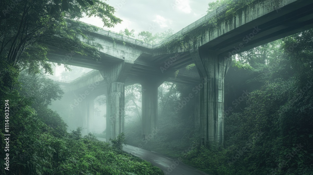 Poster a misty road scene featuring a concrete overpass, surrounded by lush greenery, creating a mysterious