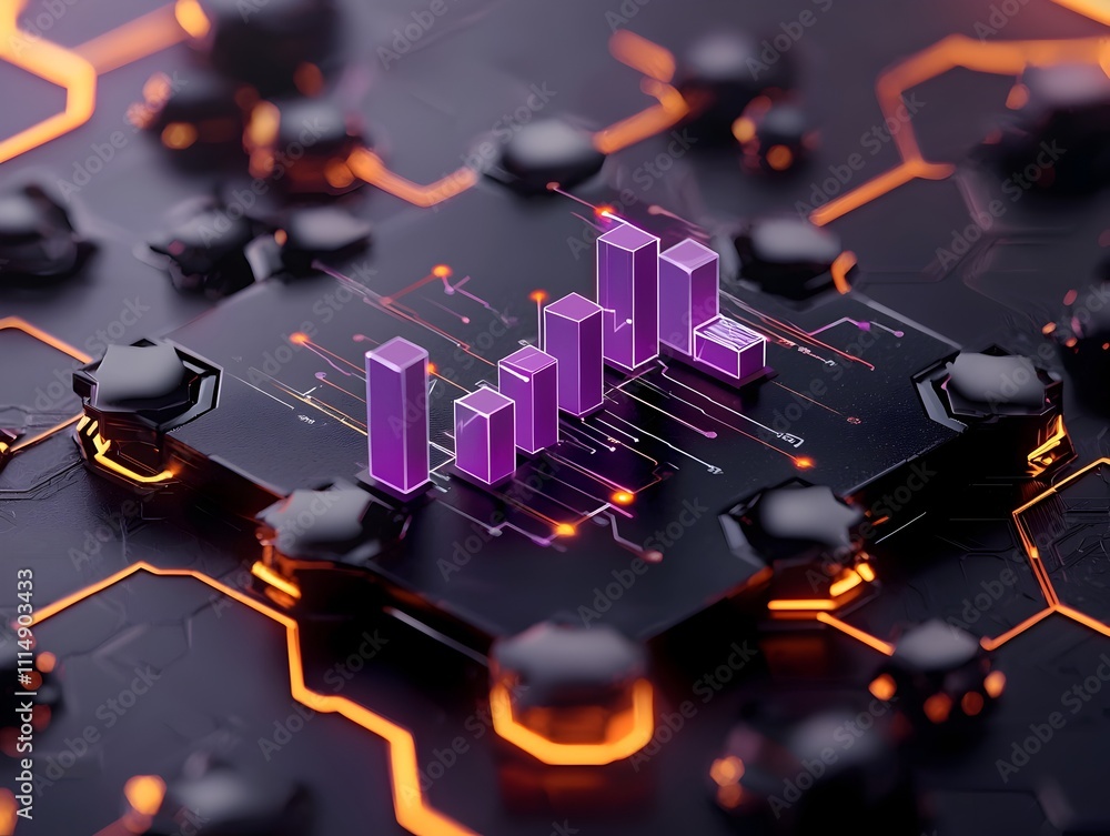 Poster ascending purple data visualization graph on sleek cyberpunk inspired backdrop symbolizing technolog