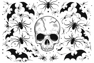 Fototapeta premium A haunting illustration featuring a skull surrounded by black bats and intricate spiders, perfect for Halloween-themed designs.