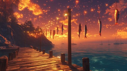 Obraz premium A picturesque wooden pier adorned with hanging fish, illuminated by the glowing colors of a sunset sky.