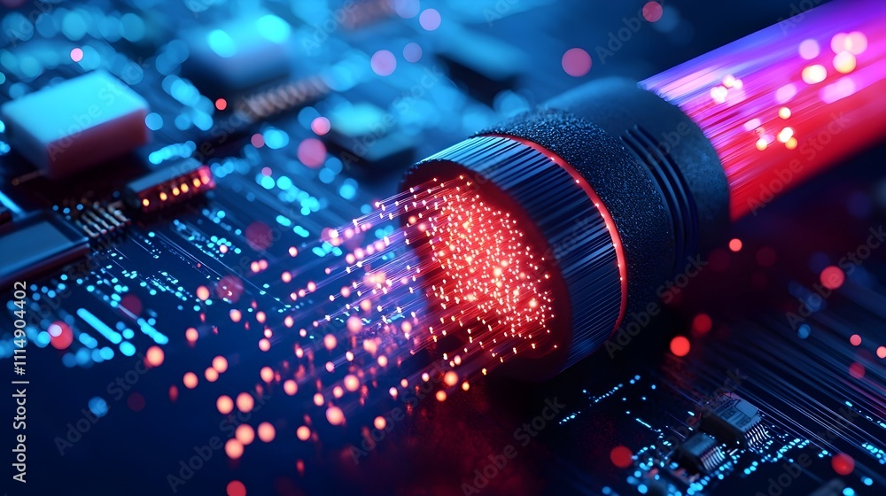Poster captivating illuminated fiber optic cables creating a dazzling display glowing and pulsing with ethe