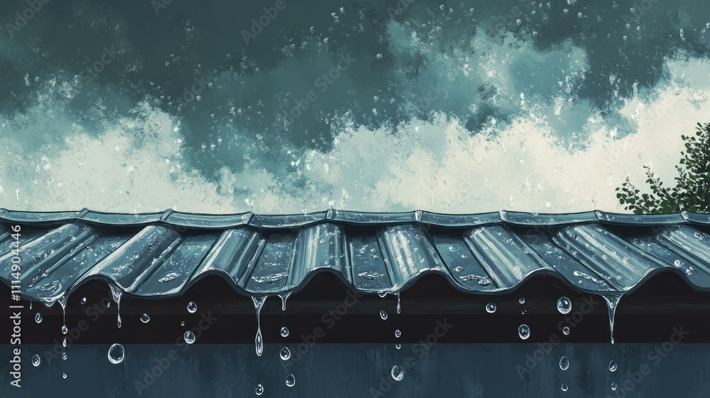 Poster a rainy day scene with water droplets cascading from a corrugated roof, adding to the tranquil atmos