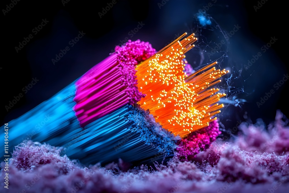 Poster tight macro level view of a dense web of multicolored fiber optic cables pulsing with vivid neon lik