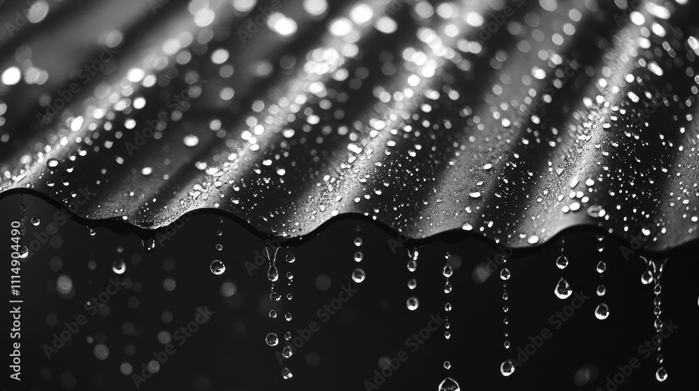 Poster a rainy day scene with water droplets cascading from a corrugated roof, adding to the tranquil atmos