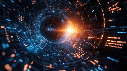 Fototapeta premium Futuristic digital tunnel with glowing particles and data streams.