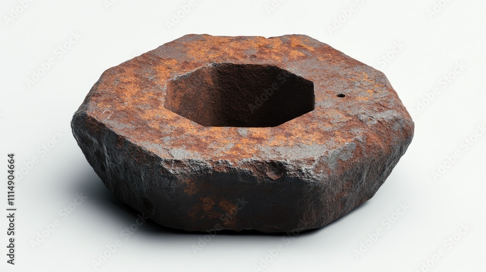 Poster A rusted, octagonal metal object with a hollow center, possibly used as a weight or mechanical part, with a textured surface showing age and use.