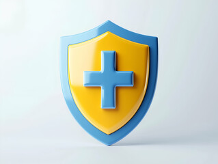 Obraz premium A stylized shield emblem featuring a blue cross against a yellow background, symbolizing protection and health.