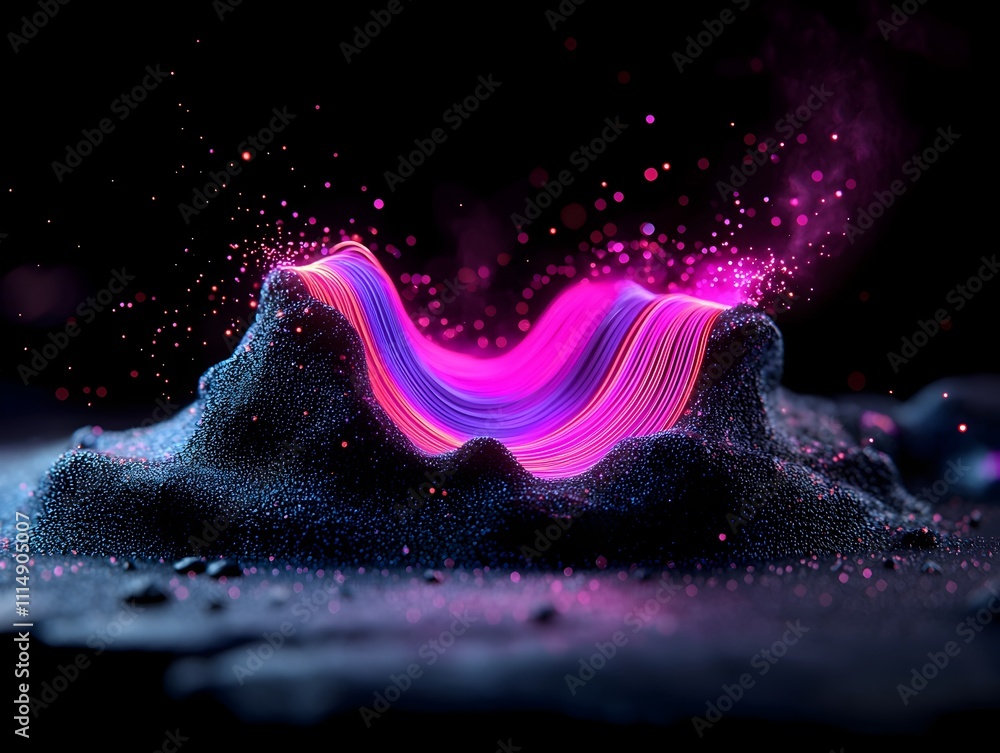 Aufkleber close up of shimmering pulsating fiber optic filaments woven across an enigmatic shadowy plane creat